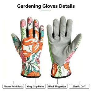 Colorful Floral Full-Finger Work Gloves with Printed Fabric Back and Gray Palm for Pruning, Cycling, Gardening, and Outdoor Use