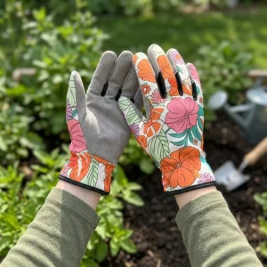 Colorful Flower Full-Finger Garden Gloves with Printed Fabric Back, Gray Palm, UV Protection