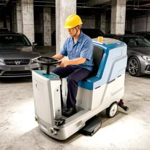Commercial Battery-Powered Ride-On Floor Scrubber with Large Tank and One-Touch Operation