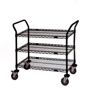 Commercial Heavy Duty 3 Layer Adjustable Black Wire Shelf Powder Coated Metal Kitchen Trolley Cart with Food Container