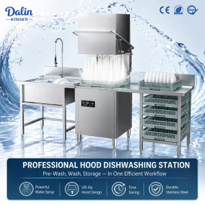 Commercial Hood Type Dishwasher Pass Through Dishwashing Machine 60 Racks Per Hour for Restaurant Hotel Kitchen