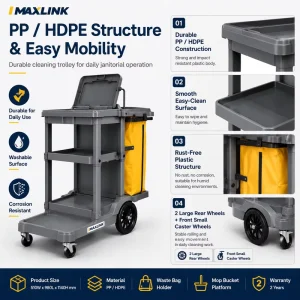 Commercial Janitor Cart PP HDPE Housekeeping Cleaning Trolley with Shelves Waste Bag Holder for Hotel Hospital Facility Use