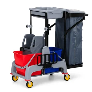 Commercial Janitorial Cleaning Cart Cleaning Trolley Mop Bucket Waste Bag Foldable Side Rack Swivel Casters Heavy Duty 300 lb