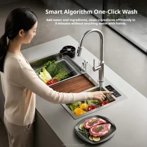 Commercial Stainless Steel Vortex Spray Cleaning Frequency Ultrasonic Fruit Vegetable Washer Washing Machine with Sink