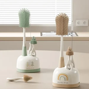 Compact Baby Bottle Cleaning Kit Easy & Safe Cleaning Brushes Silicone Bottle Brush & Soft Tip Nipple Brush with Holder