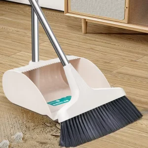 Compact Stainless Steel Long-Handle Broom and Dustpan Cleaning Set for Indoor Outdoor Use