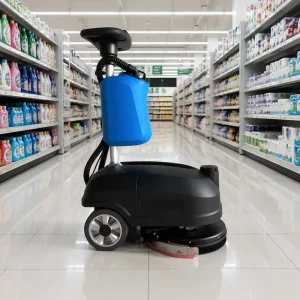 Compact Walk-Behind Electric Battery Floor Scrubber for Small Businesses