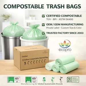 Compostable Biodegradable 10 Liter Flat-Top Bin Trash Bags
