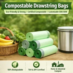 Compostable Biodegradable Drawstring Plastic Trash Bags on Roll for Household Use