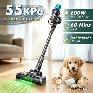 Cordless Handheld Vacuum Cleaner with Rechargeable Battery, Upright Stick Design, Cyclone System, and US Plug