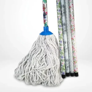 Cotton Cloth Mop with 4-Section Stainless Steel Pole and 2 Reusable Cotton String Mop Heads, White