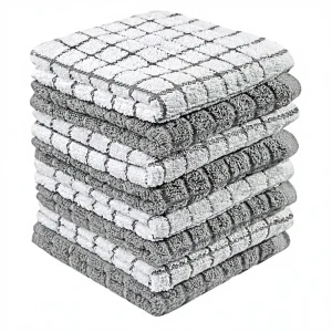 Cotton Dish Cloths (12″ X 12″) Grey Check Design Lint Free Highly Absorbent Classic Kitchen Dish Towel