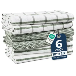 Cotton Kitchen Towels Set 6-Pack Absorbent Quick-Drying Checkered & Striped Dish Towels 18″ X 28″ Olive