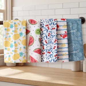 Cotton Tea Towel Set of 2 Printed Kitchen Towel & Solid Waffle Weave Dish Towel Absorbent Quick Dry