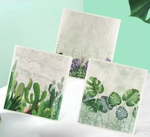 Custom Botanical Pattern Woven Quick-Dry Printed Cleaning Cloth Biodegradable Swedish Dish Cloth Cellulose Sponge Cotton