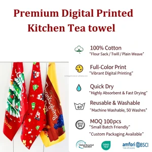 Custom Design Full Color Digital Active Printed 100% Cotton White Twill Fabric Fruit Kitchen Dish Towel