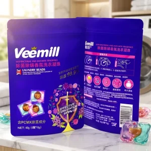 Custom Glossy Stand-Up Zipper Pouches with Tear Notches High-Barrier Moisture-Proof for Laundry Pods and Detergents