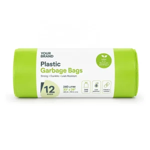 Custom Heavy-Duty Recycled PE Plastic Garbage Bag, 240L, Large Capacity, Leak-Resistant, Private Label