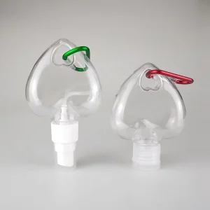 Custom Logo 50ml Heart shaped PETG Hand Sanitizer and Liquid Soap Bottle Key Chain with Pump Sprayer Lid Screen Printed