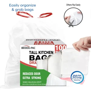 Custom PE 13 Gallon White Kitchen Trash Bags Multifold Roll with Drawstring