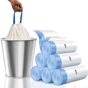 Custom Plastic Bag with String Heavy Duty PE Drawstring Trash Bags Roll Tear-Free Leakproof Strong Garbage Can Liners White