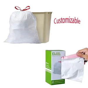 Custom Printed 13 Gallons White Recycled Drawstring Garbage Bag GRS Sack for Garbage Refuse Retort Pouch for Household Products