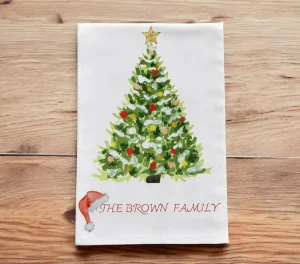 Custom Printed Christmas Tree White Cotton Kitchen Towel Holiday Ornament Santa Hat Home Decor Gift Dish Towel Tea Towel