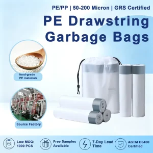 Custom Printed Recyclable Heavy-Duty PE Drawstring Trash Bags 100 Pieces/Roll