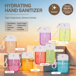 Custom Travel Size Fruit Hand Soap and Sanitizer Perfume Spray Bottle 45ml Transparent Plastic Pocket Credit Card Style Solid