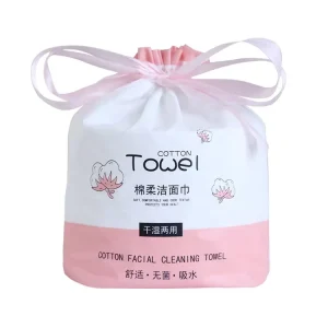 Customizable CPE Facial Cotton Tissue Washcloth Packing Plastic Drawstring Dry Cleansing Towel Packaging Bag Wearing Rope