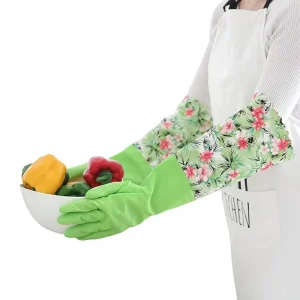 Customizable Thickened Long Flocking Wide-Mouth Floral Cuff Gloves for Kitchen Dish Washing Cleaning Laundry Household Work