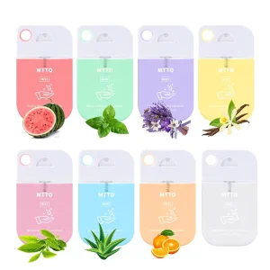 Customized Brand logo Touch Hand Sanitizing Fresh Fruit Scents Kills Germs Hydrating Hand Sanitizer Perfume Spray Mist