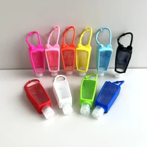 Customized Hand Sanitizer Bottle 30ml Alcohol Gel Bottle Squeeze PET Trapezoid Bottle with Silicone Holder