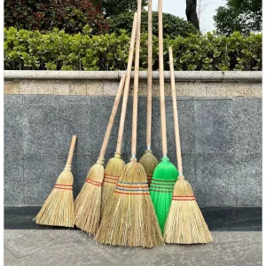 DS4892 Soft Straw Broom for Cleaning Dustpan Indoor Outdoor Sweeping Dust Brush Woven Broom Wooden Handle Whisk Broom