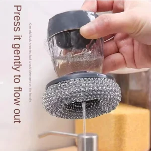 DS4907 Press Type Cleaning Brush Steel Wire Ball Automatic Liquid Pot Washing Brush Metal Soap Scrub Brush with Soap Dispenser
