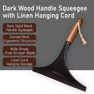 Dark Wood Window Squeegee with Black Rubber Blade Glass Cleaning Scraper with Hanging Rope
