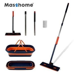 Deep Textured Ridges Trap Lock Microfiber Mop and Bucket Set Commercial Floor Wet Pads Telescopic Handle Flat Mop With Bucket