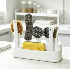 Detachable Kitchen Pot Washing Brush Kit with Multi Scrub Heads and Drain Storage Rack