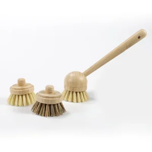 Detachable Scrub Brush Long Bamboo Handle Kitchen Dish Brushes with Sisal Palm Bristles