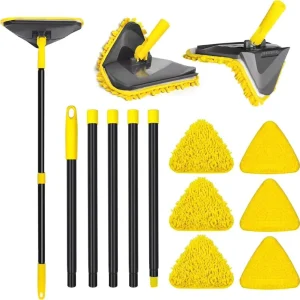 Detachable Sectional Iron-Rod Triangle Cleaning Mop with 360-Degree Spin Head and Chenille Microfiber Pads