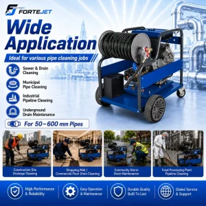 Diesel Reel Hydro Jetting Machine 150 Bar 50 L/min Pipe Cleaner for 2-24 Inch Drains