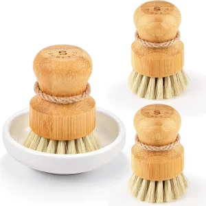 Dish Scrub Brushes by Subekyu Kitchen Wooden Cleaning Scrubbers Set for Washing Cast Iron Pan Pot Natural Sisal Bristles