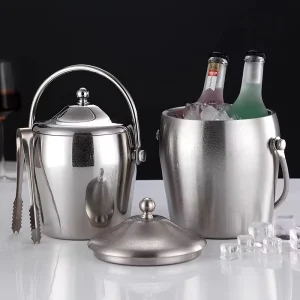 Double Walled Metal Barware Stainless Steel Wine Beer Ice Bucket Large Capacity Bucket with Lid Handle