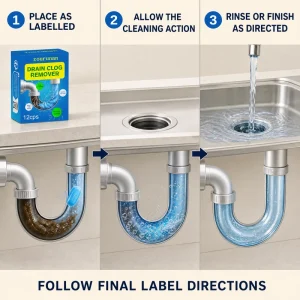 Drain Clog Remover 12 CPS Three Step Sink Care Guide Pipe Cleaning Safe for Pipes Private Label Retail Ready