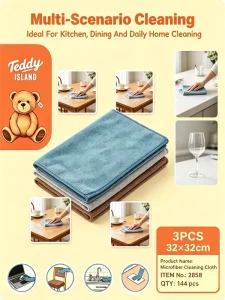 Dry Flat Microfiber Square Dish Cloth Heat Sealed Edge Thick 280gsm 32x32cm Kitchen Cleaning Towel 3Pcs