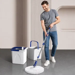 Dual Drive Turbo Wash Centrifugal Spin 360 Rotating Microfiber Mop with Extendable Steel Telescopic Pole and Wheeled Bucket Set