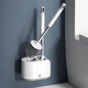 Dual Handle Silicone Toilet Brush Set Wall Mount No Drill with Bathroom Cleaning Kit