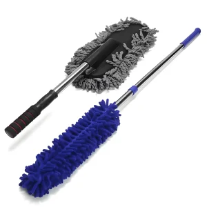 Dual-Head Car Cleaning Duster Kit with Chenille Microfiber Brush and Retractable Stainless Steel Handle