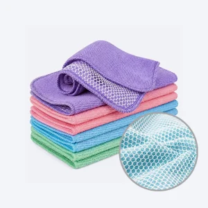 Dual Sided Microfiber Kitchen Cleaning Cloth Soft Warp Terry Absorbent Side & Honeycomb Mesh Scrub Towel for Dish Washing