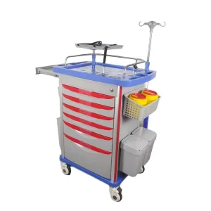 Durable Hospital Emergency Carts ABS Medical Trolley with Oxygen Bottle Holder and IV Pole Socket for Patient Car